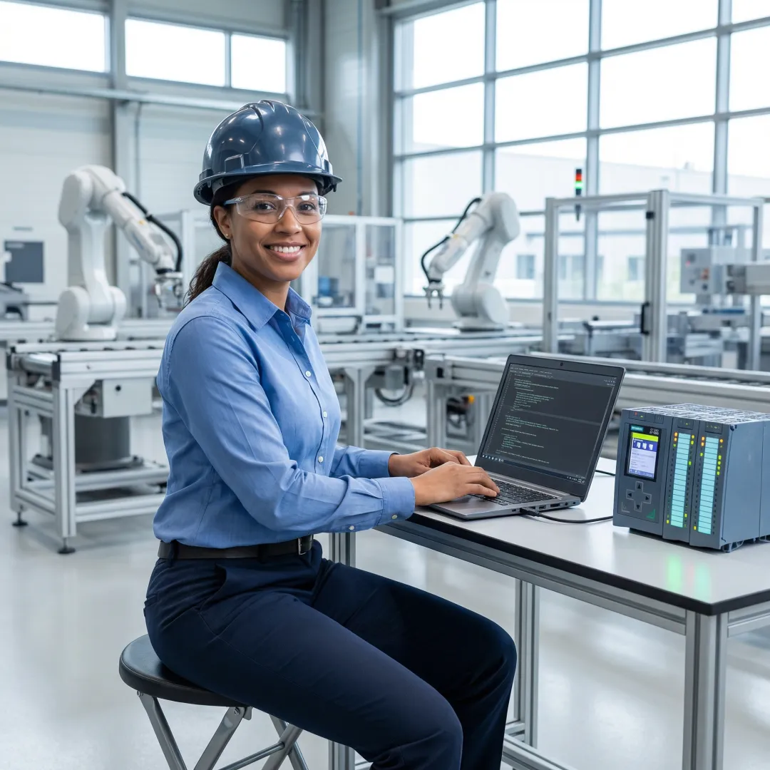 Industrial engineer programming PLC control system in manufacturing facility