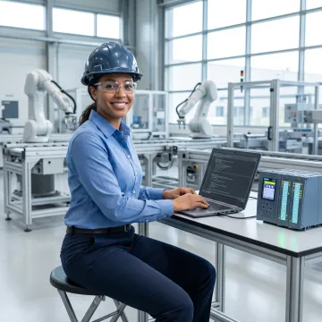 Industrial engineer programming PLC control system in manufacturing facility