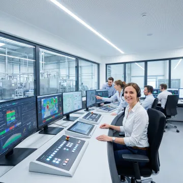 Advanced industrial control room with monitoring systems and process displays