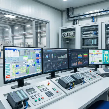 Industrial automation control panel with PLC systems and HMI interface in modern North Carolina manufacturing facility