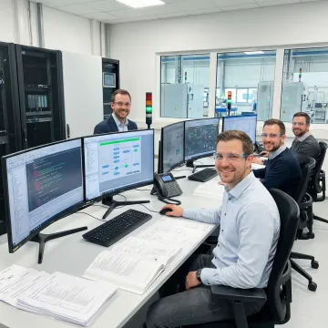 Engineers reviewing industrial automation system design on computer screens with control schematics