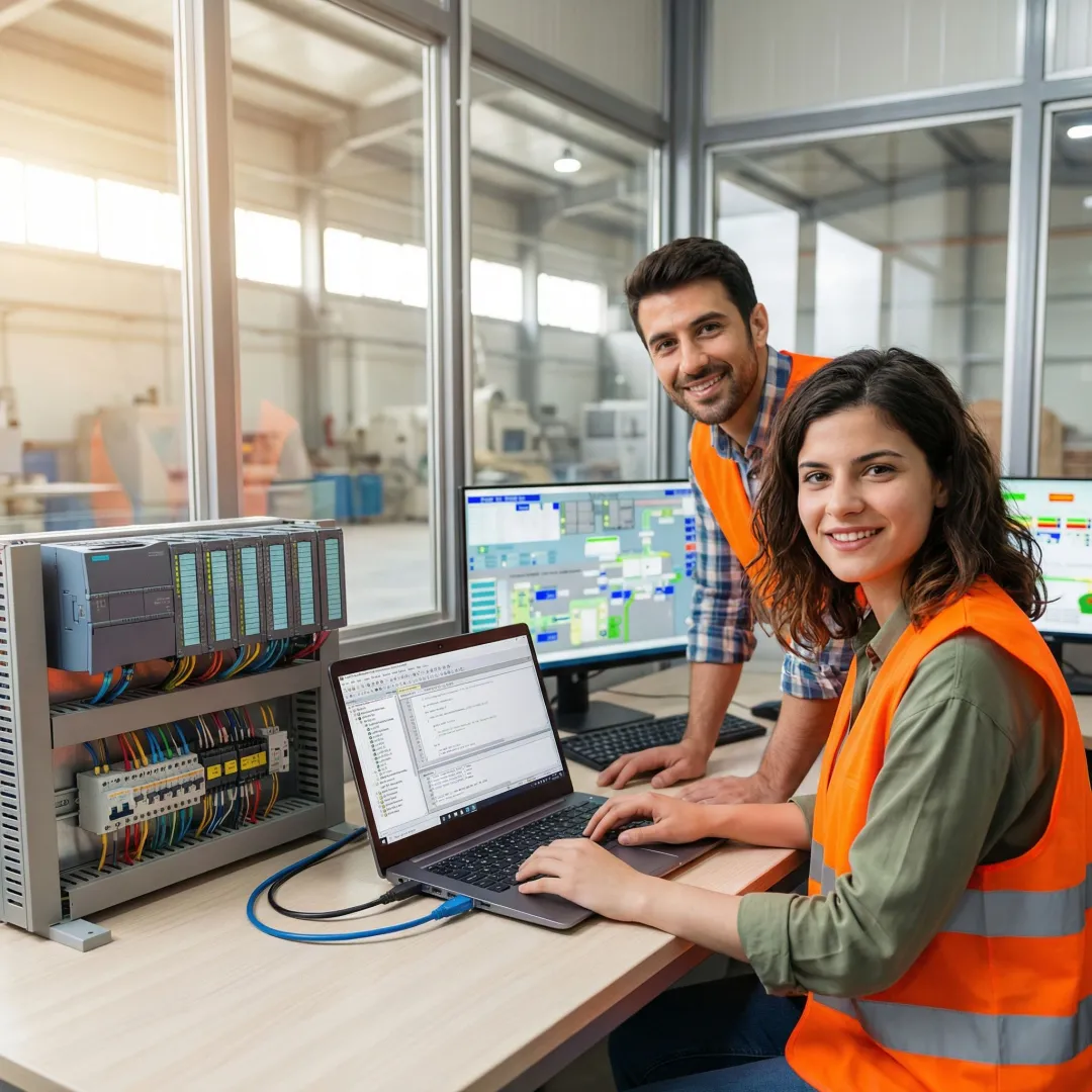 Engineers programming PLC system in manufacturing facility