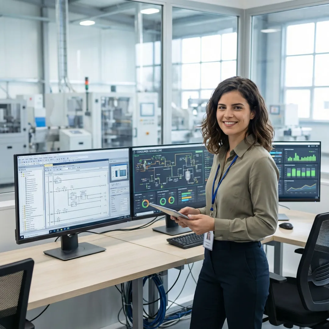Engineer programming PLC control system for consumer goods production automation