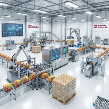 Modern automated consumer goods manufacturing production line with robotic systems and control panels