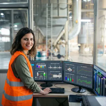 Technician programming industrial control system for printing equipment