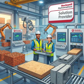 Automated building materials production line with conveyor systems and industrial control panels