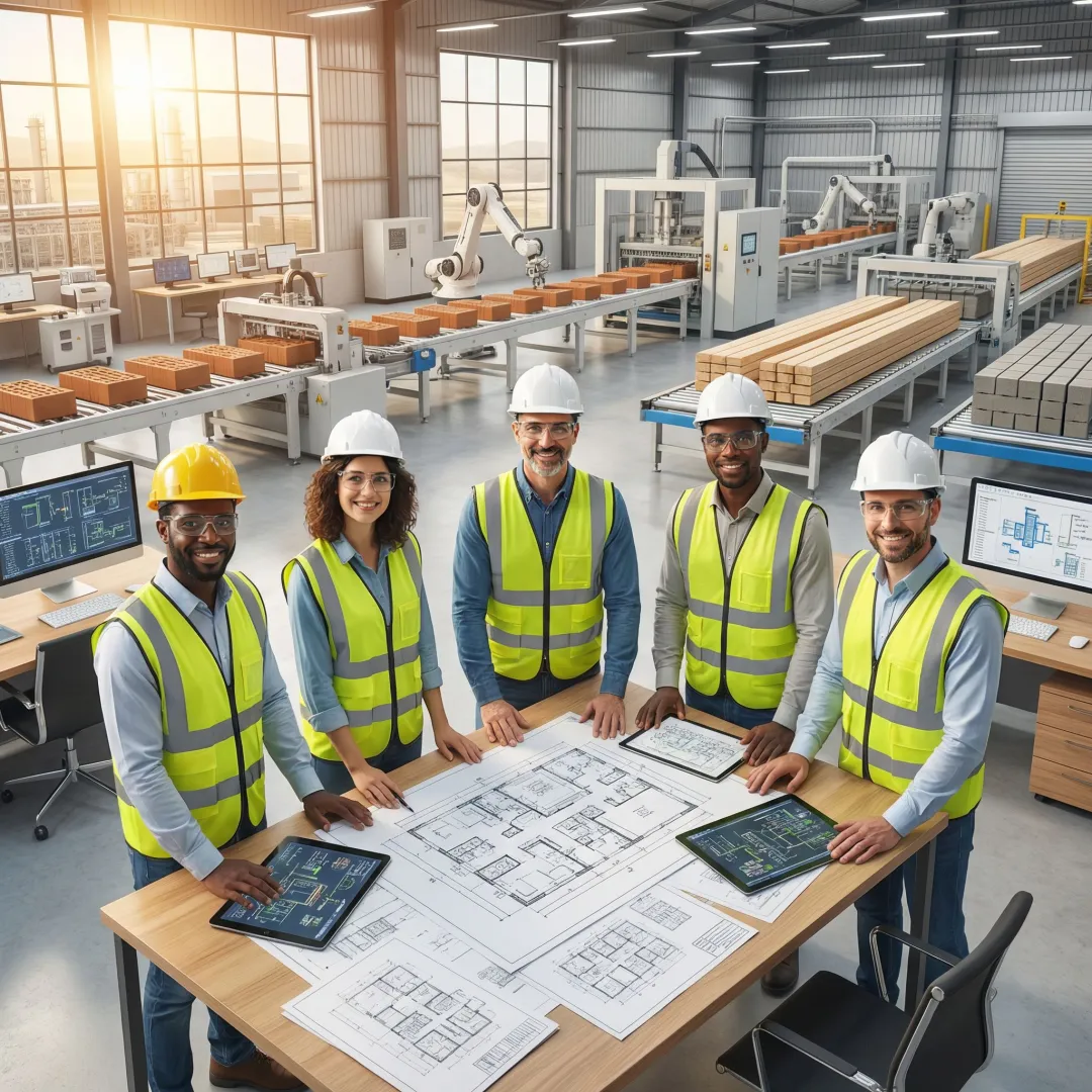 Engineers reviewing automation system blueprints at a building materials manufacturing facility