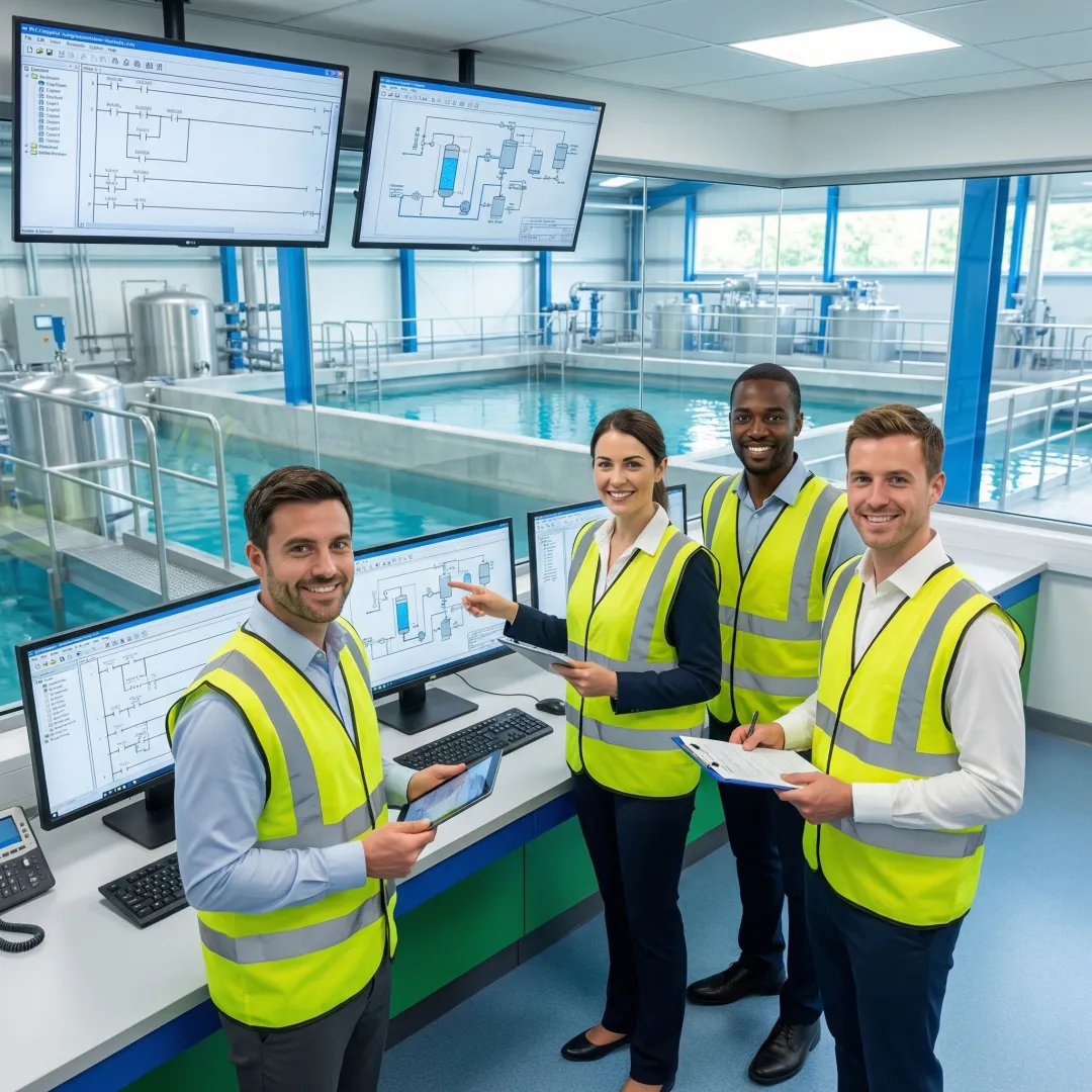 Engineers reviewing water treatment automation system schematics