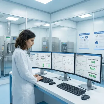 Advanced pharmaceutical manufacturing automation system with control panels and monitoring equipment