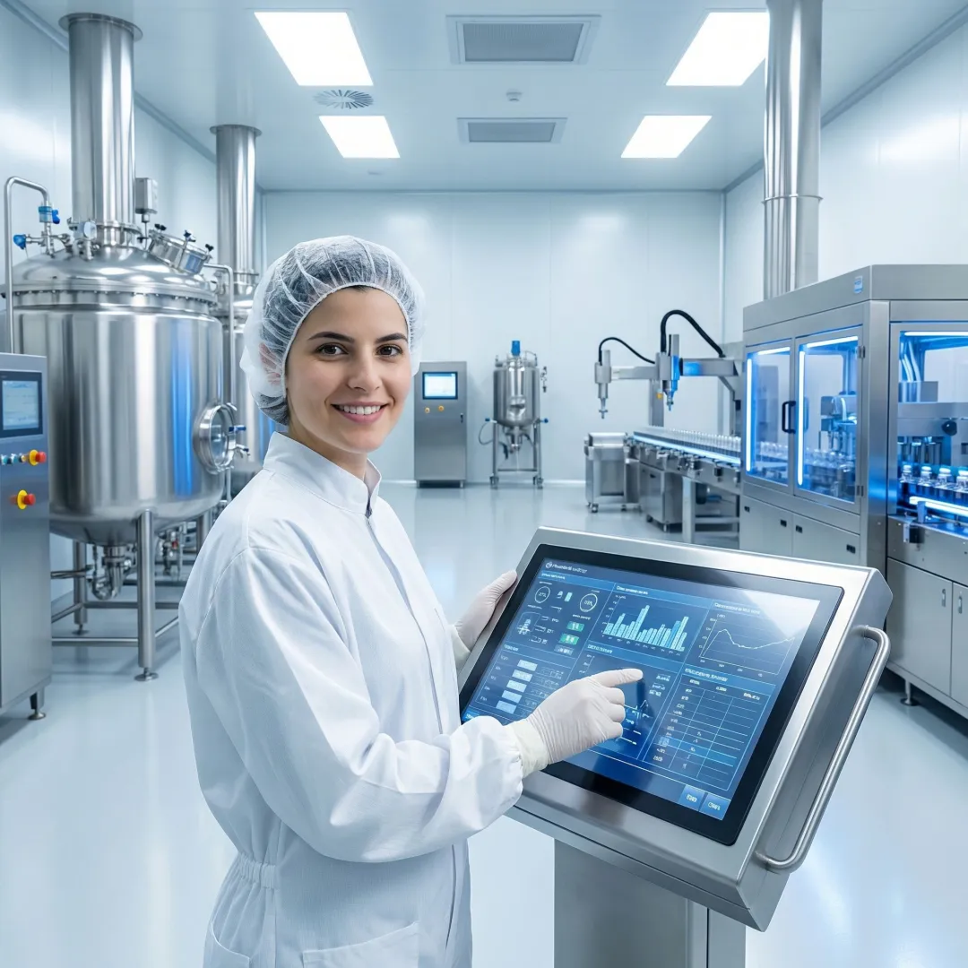 Pharmaceutical technician monitoring automated filling and packaging line with control interface