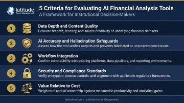 Five criteria for evaluating AI financial analysis tools selection framework infographic