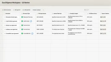 Enterprise document due diligence platform Matrix grid interface showing multi-document AI analysis