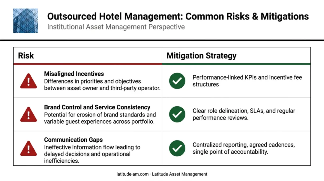 Three outsourced hotel management risks and mitigation strategies comparison table infographic