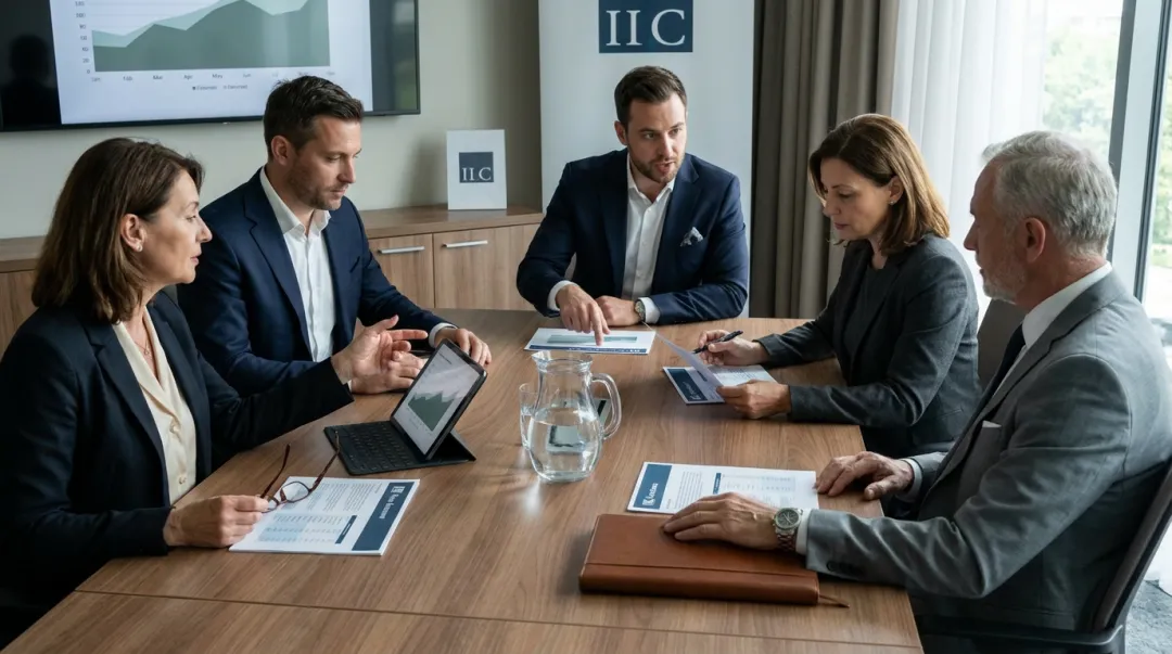 Diverse group of institutional investors and family office professionals reviewing fund documents