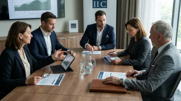 Diverse group of institutional investors and family office professionals reviewing fund documents