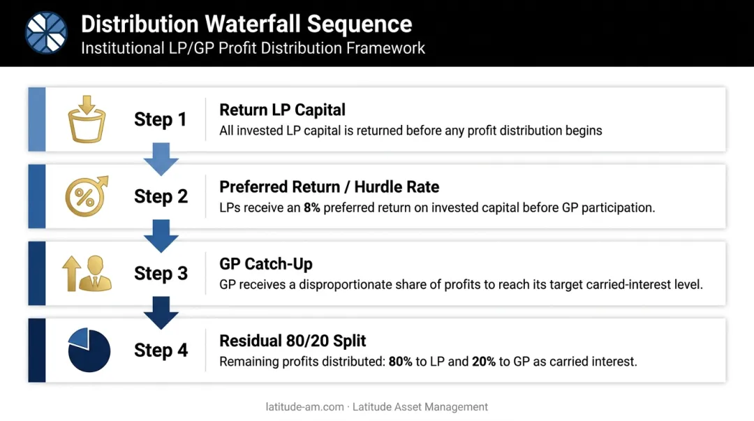 Four-step private equity distribution waterfall sequence from LP capital return to carry split
