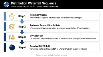 Four-step private equity distribution waterfall sequence from LP capital return to carry split