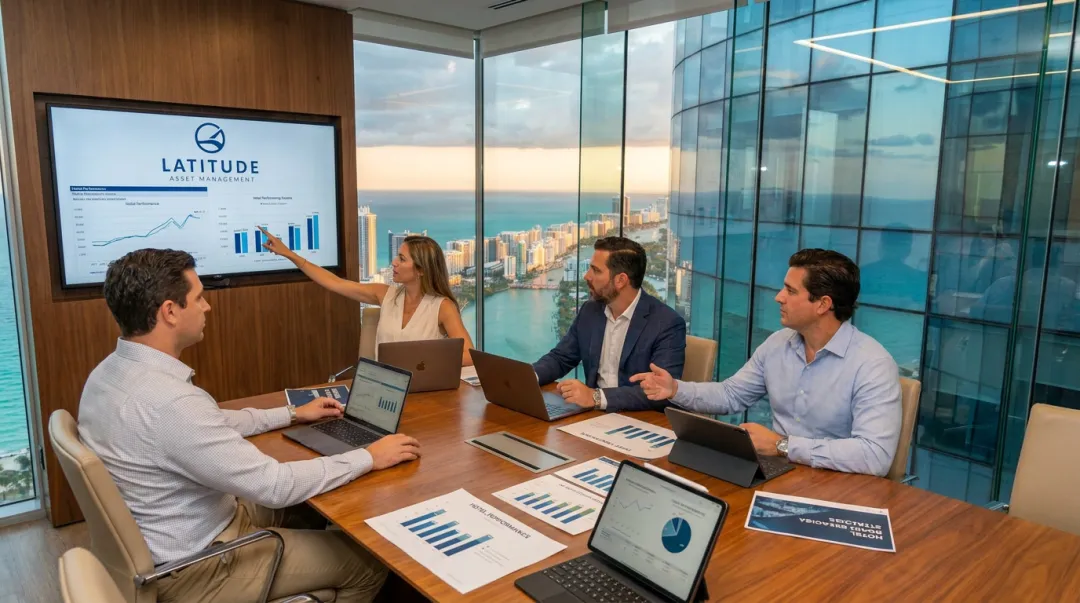 Latitude Asset Management hospitality real estate team reviewing hotel investment performance metrics