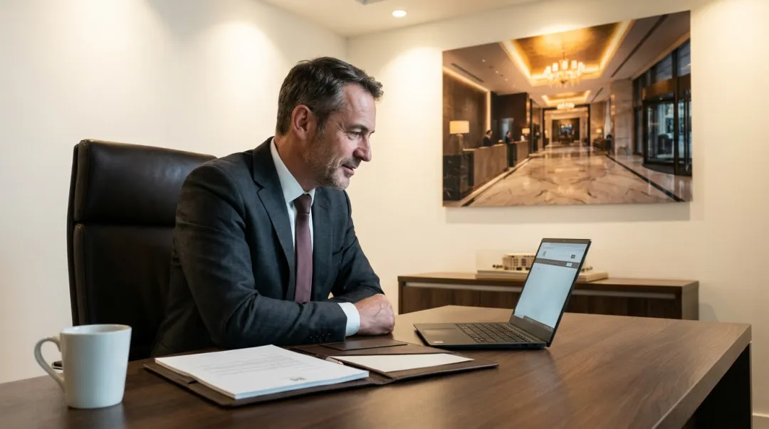 Hotel general manager reviewing polished resume document on laptop screen