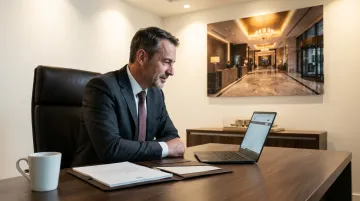 Hotel general manager reviewing polished resume document on laptop screen