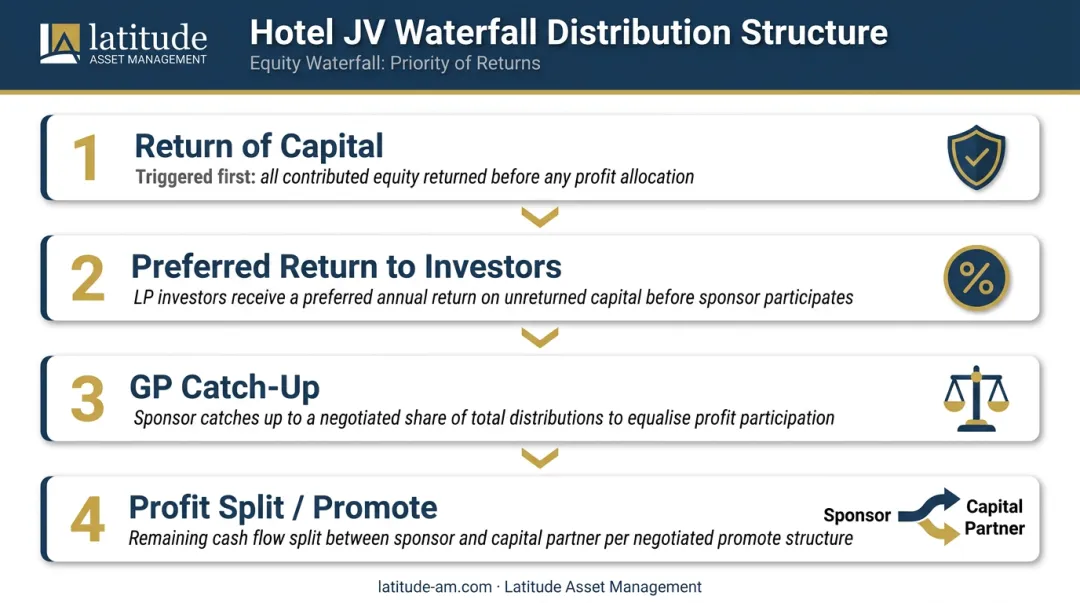 Hotel joint venture waterfall structure showing sponsor investor capital distribution tiers
