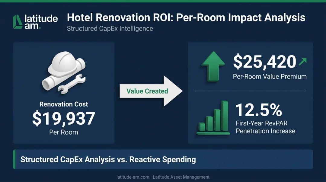 Hotel renovation ROI comparison showing per-room cost versus value premium and RevPAR lift