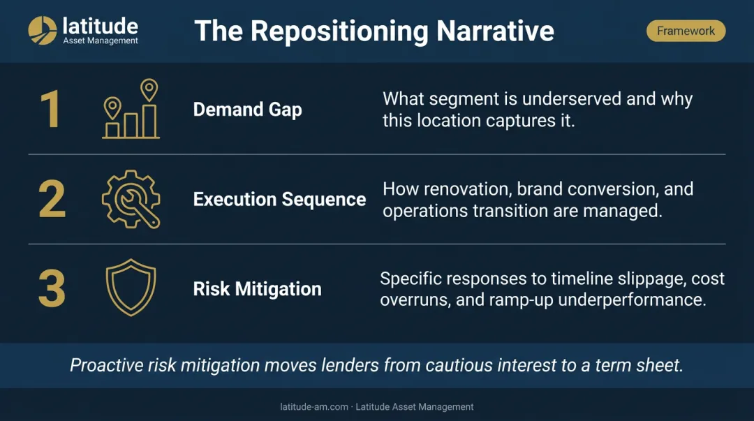 Three-part hotel repositioning financing narrative framework addressing lender risk concerns