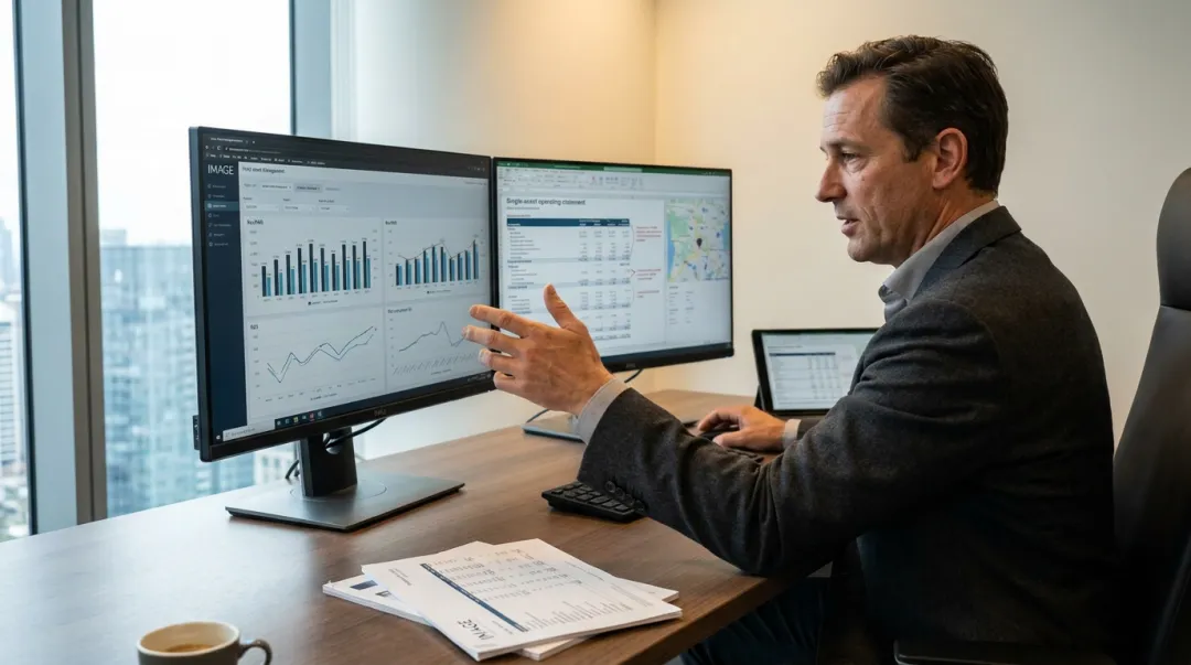 Hotel asset manager reviewing investment portfolio analytics at modern office desk