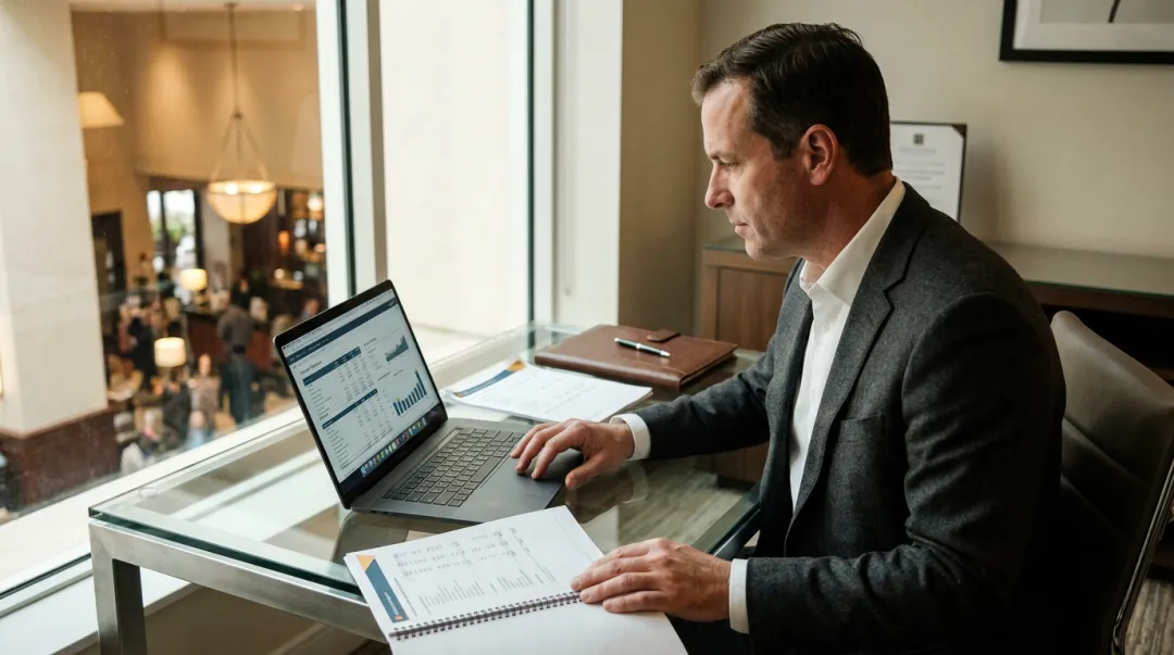 Hotel general manager reviewing financial reports and budget variance data at desk