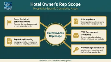 Hotel project owner's rep complexity factors including brand reviews PIP and FF&E infographic