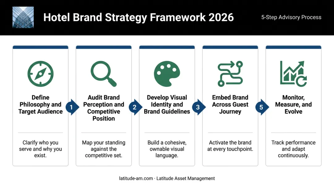 Five-step hotel brand strategy framework from philosophy definition to ongoing evolution