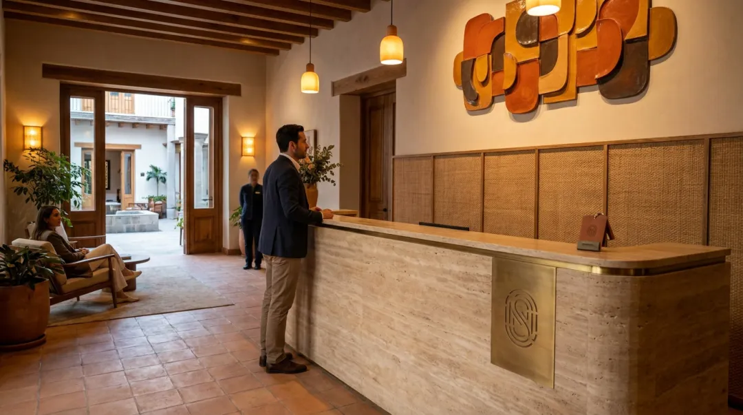 Luxury boutique hotel lobby interior with distinctive design and local cultural character