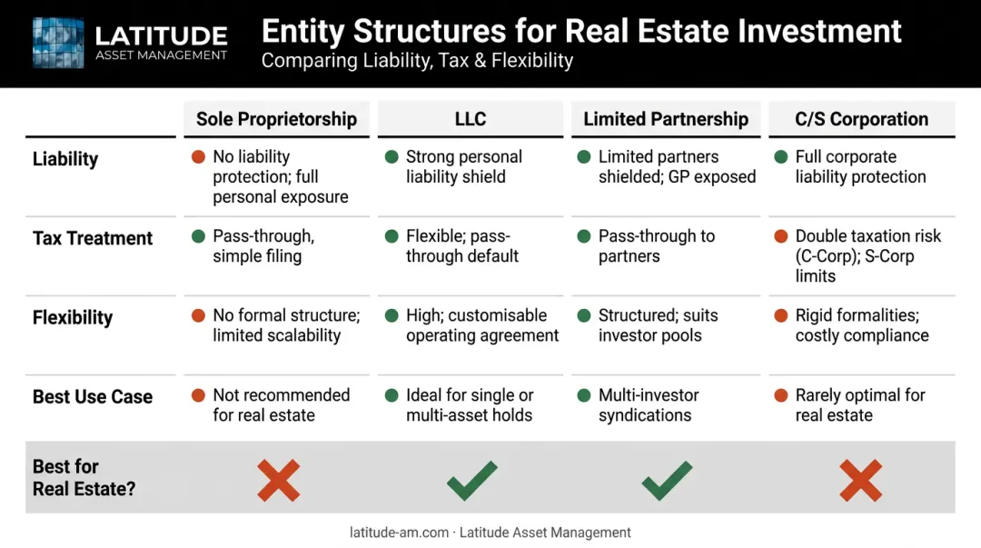 Real estate entity types comparison chart LLC LP C-corp S-corp pros cons
