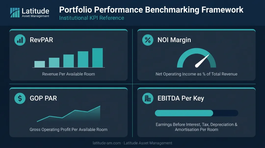 Hotel portfolio KPI benchmarking dashboard showing RevPAR NOI margin GOP PAR metrics