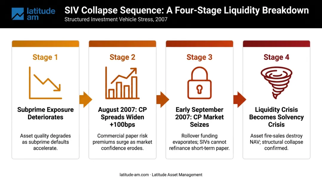 Four-stage SIV collapse sequence from subprime deterioration to solvency crisis 2007-2008