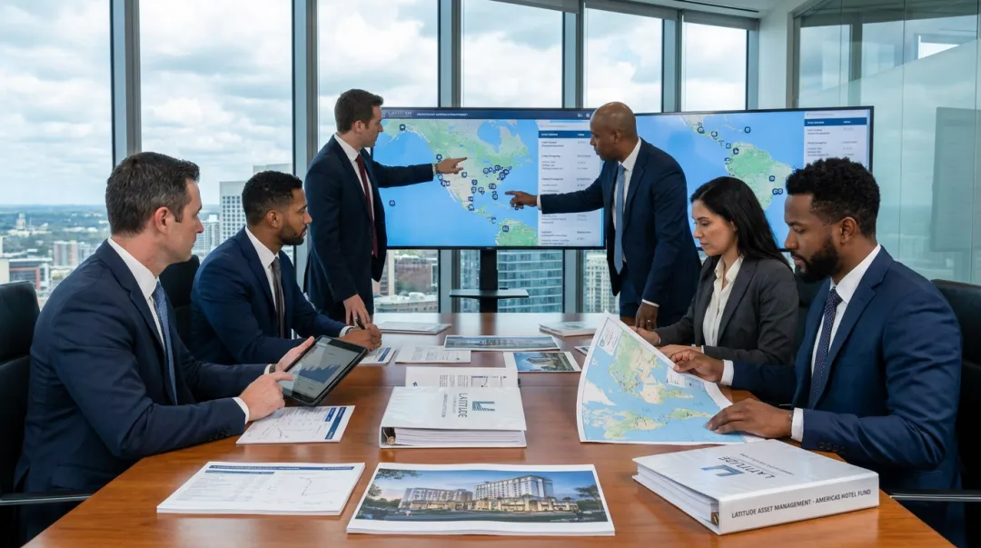 Hotel investment advisory team reviewing cross-border real estate portfolio across the Americas