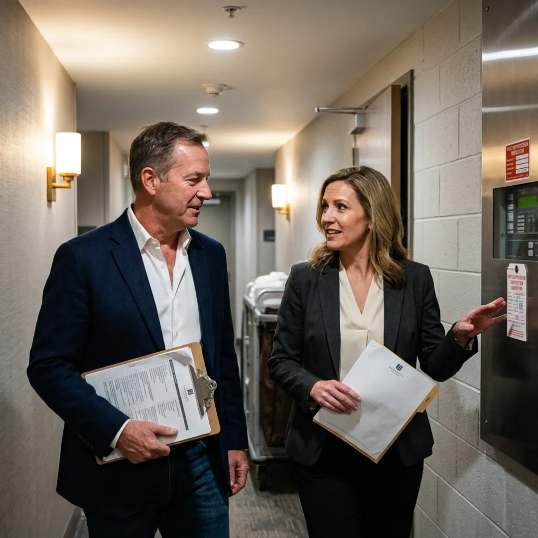 Consultants reviewing hotel risk assessment documents