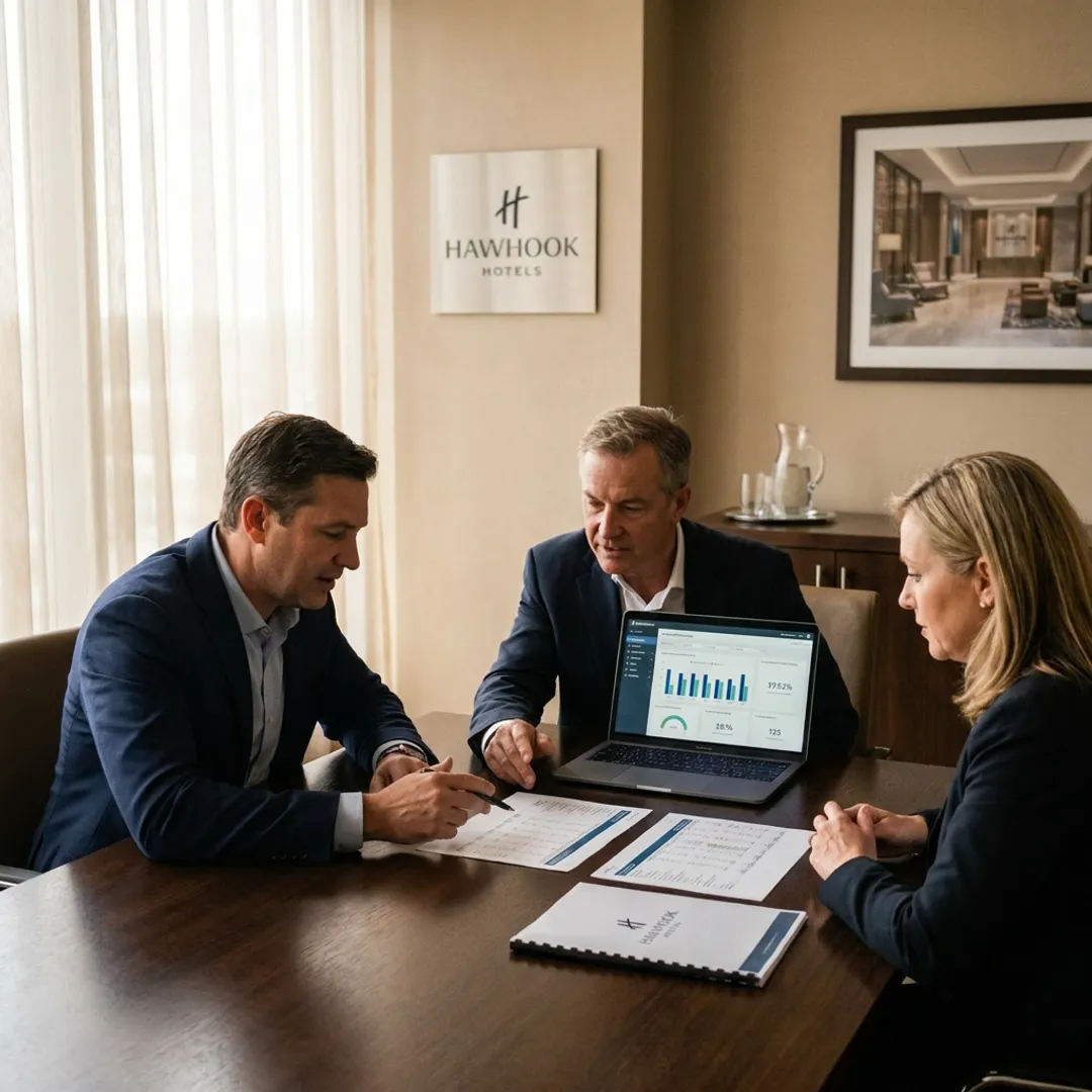 Hotel asset management team reviewing performance plans