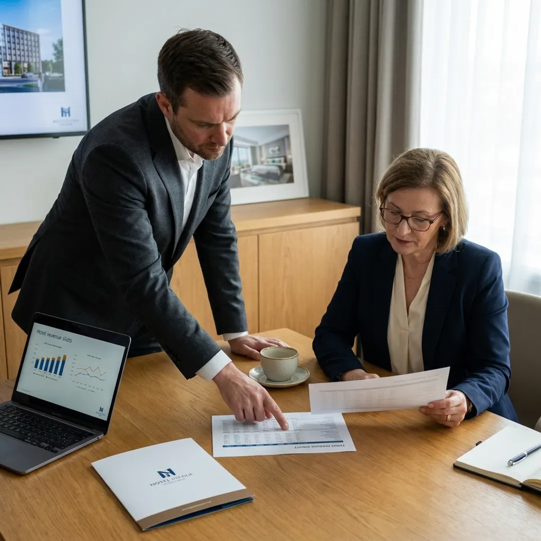 Hospitality consultants reviewing boutique hotel strategy