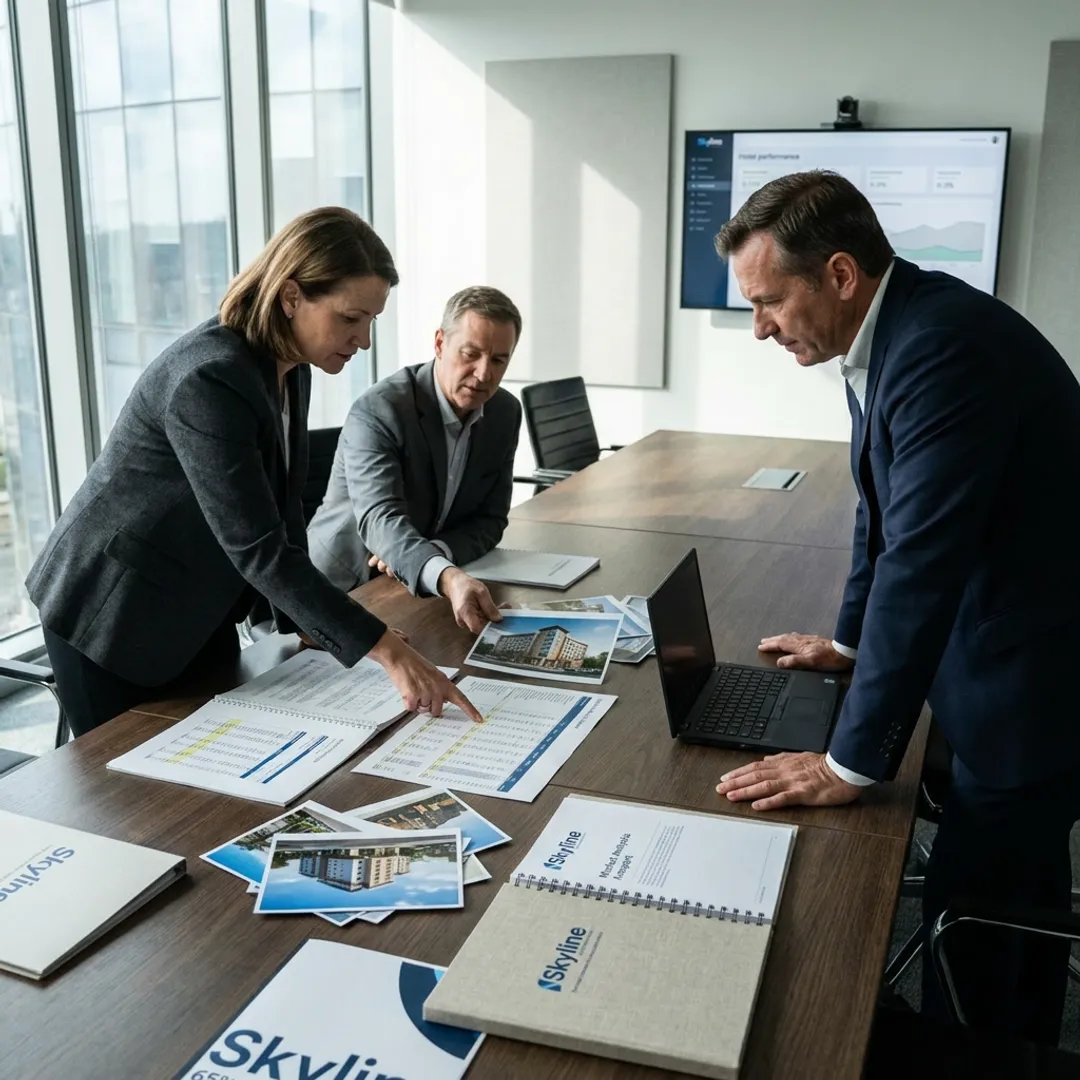 Hotel valuation consultants reviewing financial models