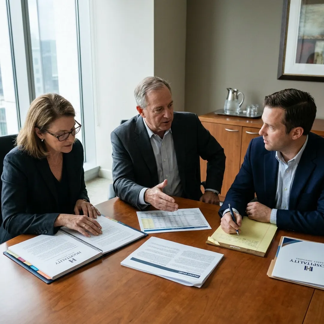 Hotel investment advisory team reviewing documents