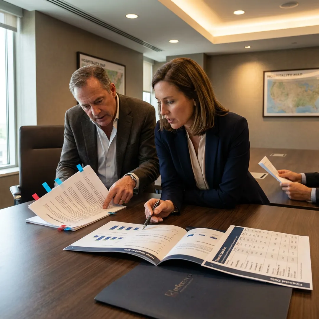 Hotel advisory team reviewing operator selection documents