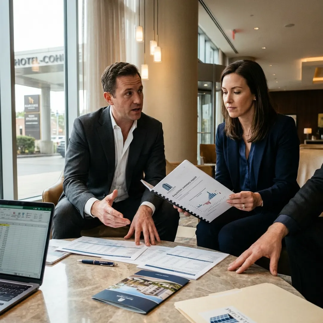 Hotel acquisition advisors discussing investment strategy