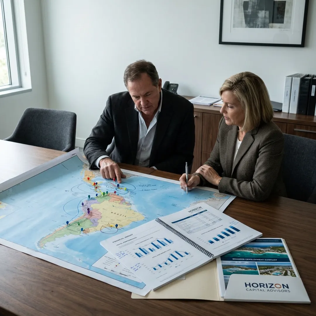 Hospitality consultants reviewing hotel investment strategy in Latin America