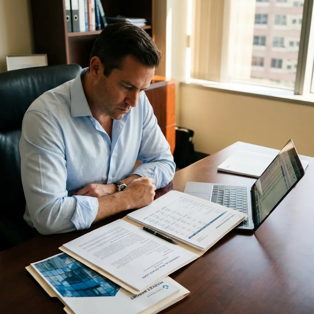 Commercial real estate analyst reviewing CMBS underwriting model