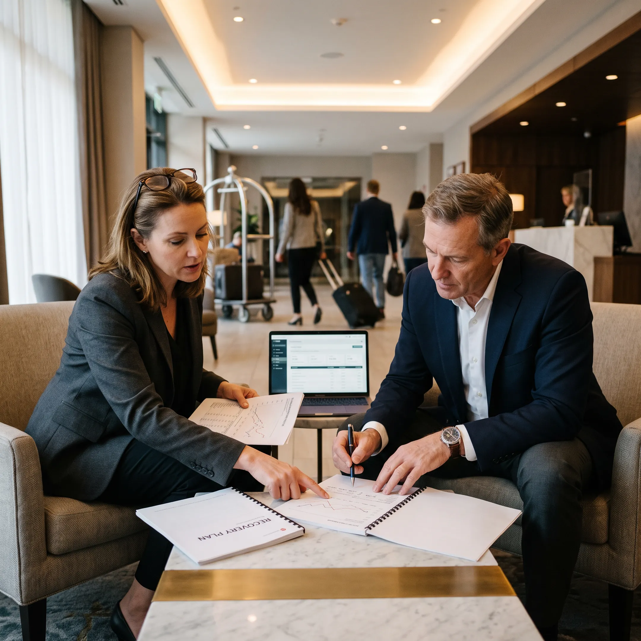 Hotel executive reviewing a distressed property plan
