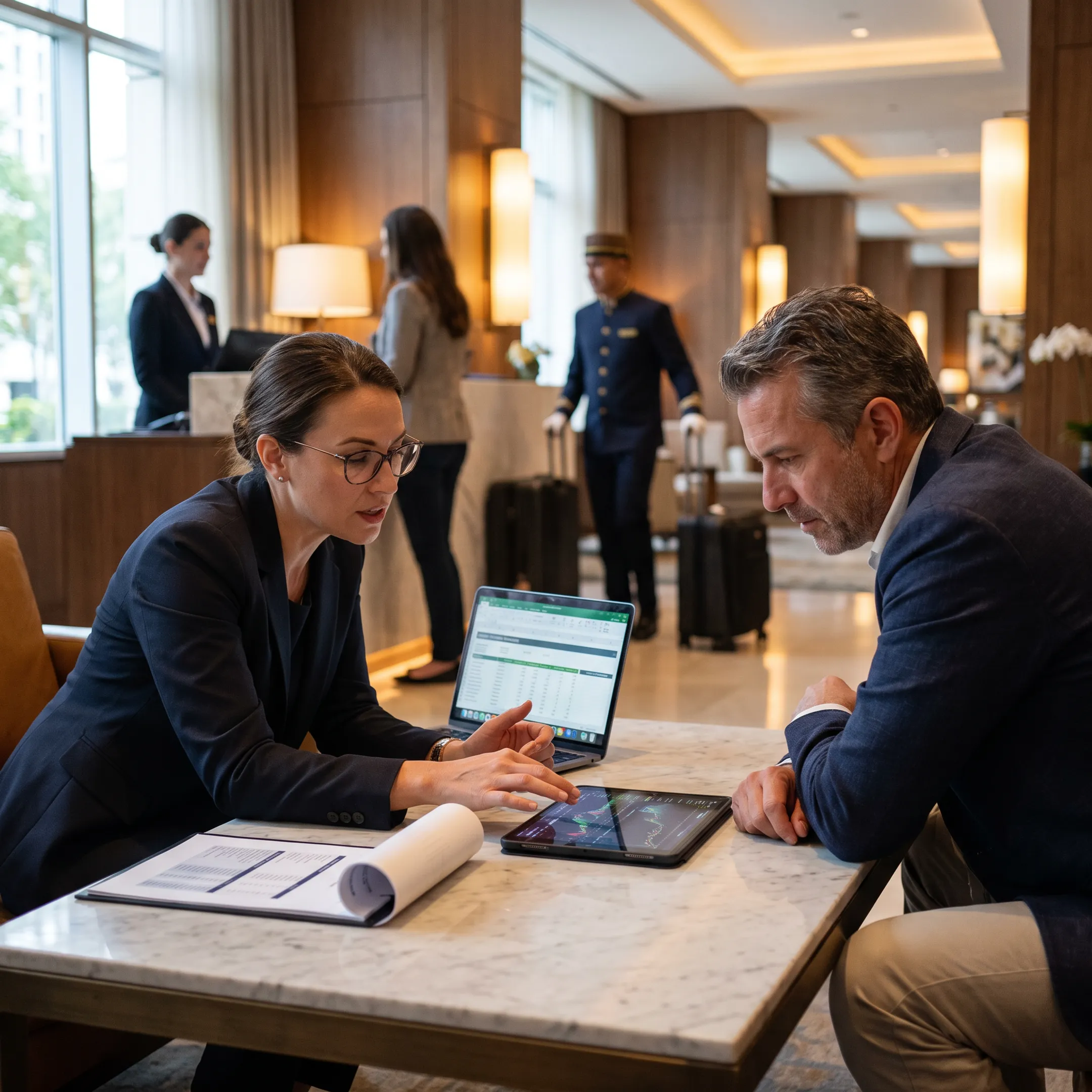 Hotel asset manager reviewing property performance data