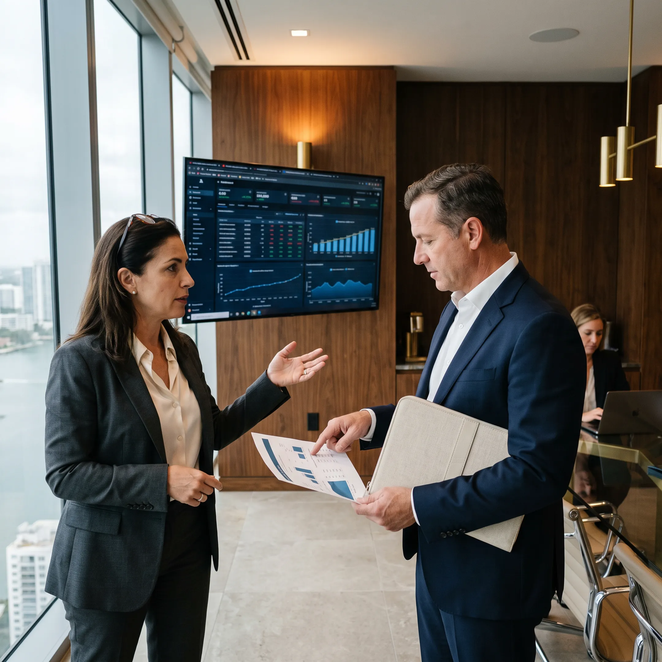 Consultants discussing hotel investment strategy