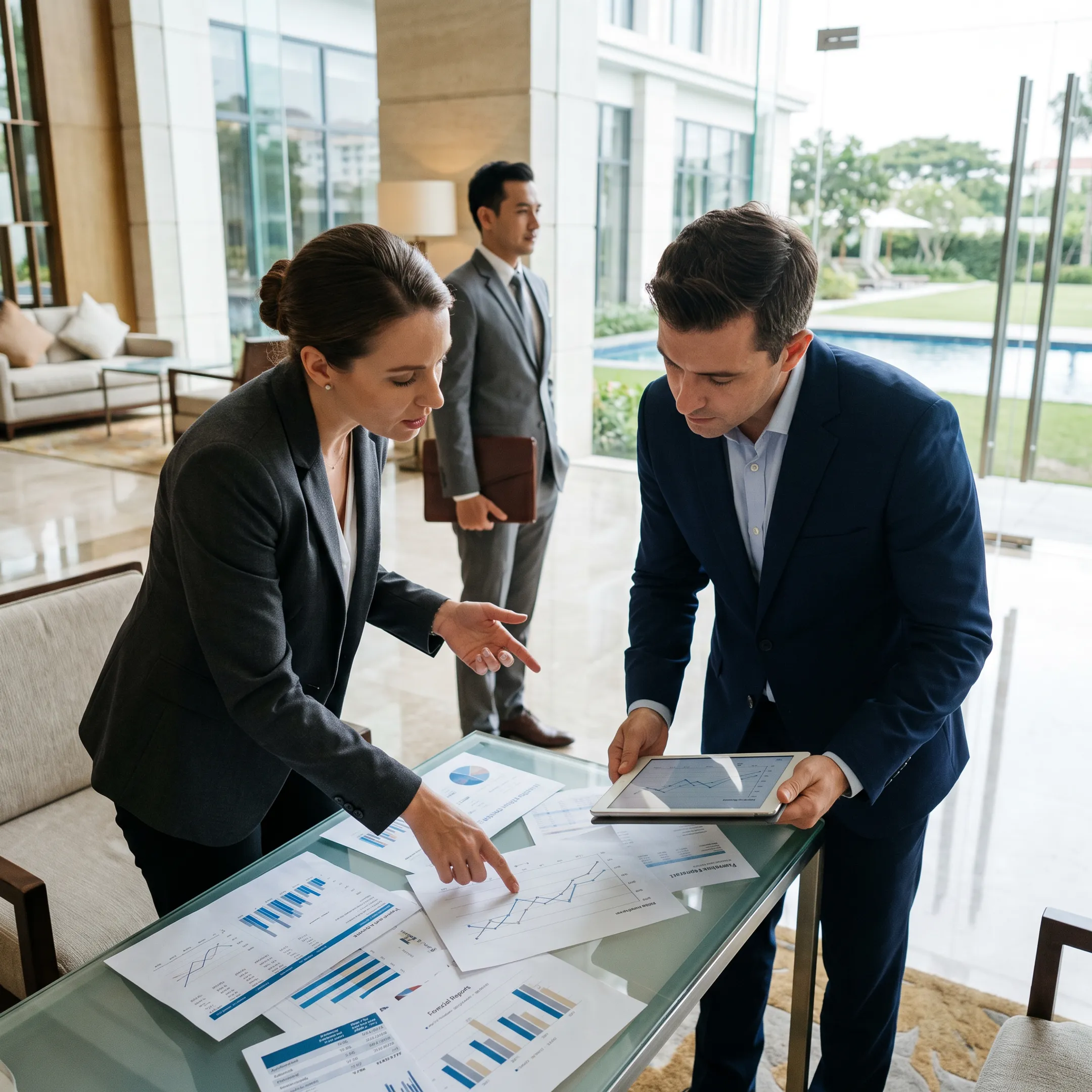 Hotel executives reviewing property performance