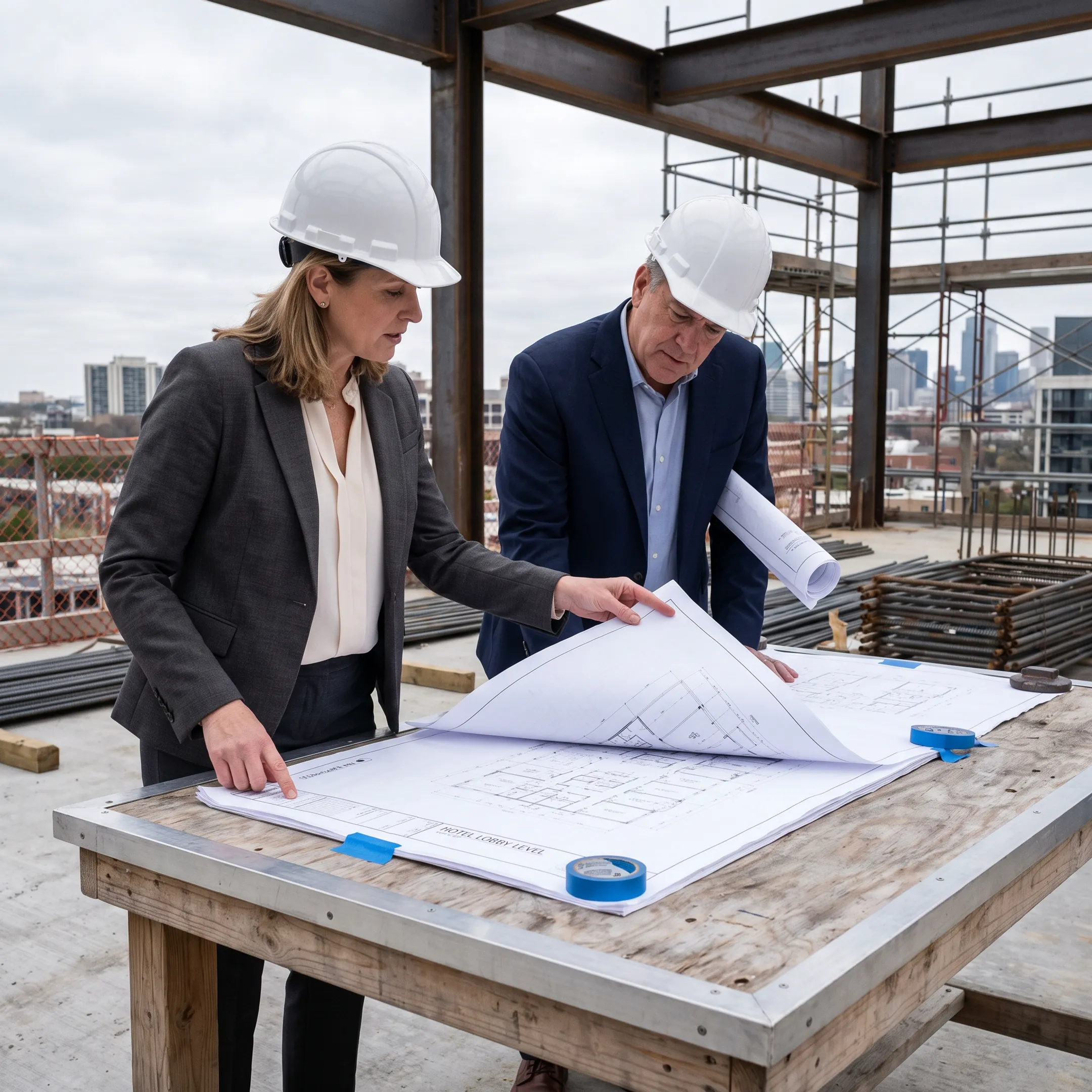 Hotel development team reviewing plans at a construction site